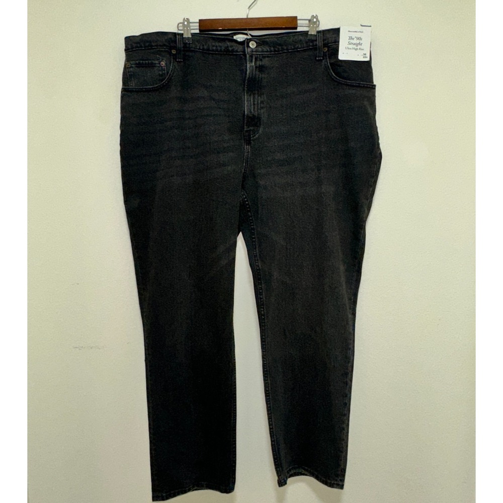 Abercrombie & Fitch 90s Straight Ultra High Rise Black Jeans Distress Hem 36/22R